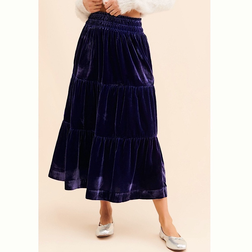 Anthropologie The Somerset Purple Velvet Midi Skirt, NEW